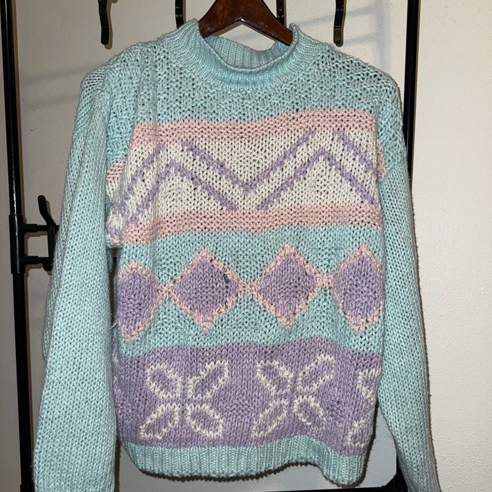 VTG Mint and Lavender Patterned Knit Turtleneck Sweater